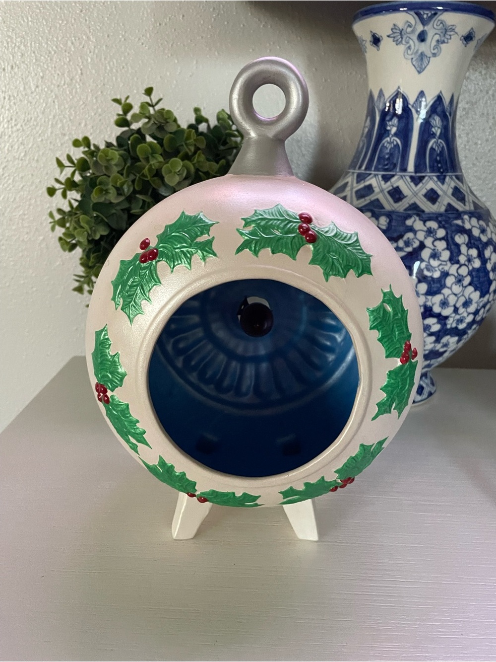 Christmas Diorama Ornament Lamp: Mid-Century Ceramic Mold, Rare Holly Design